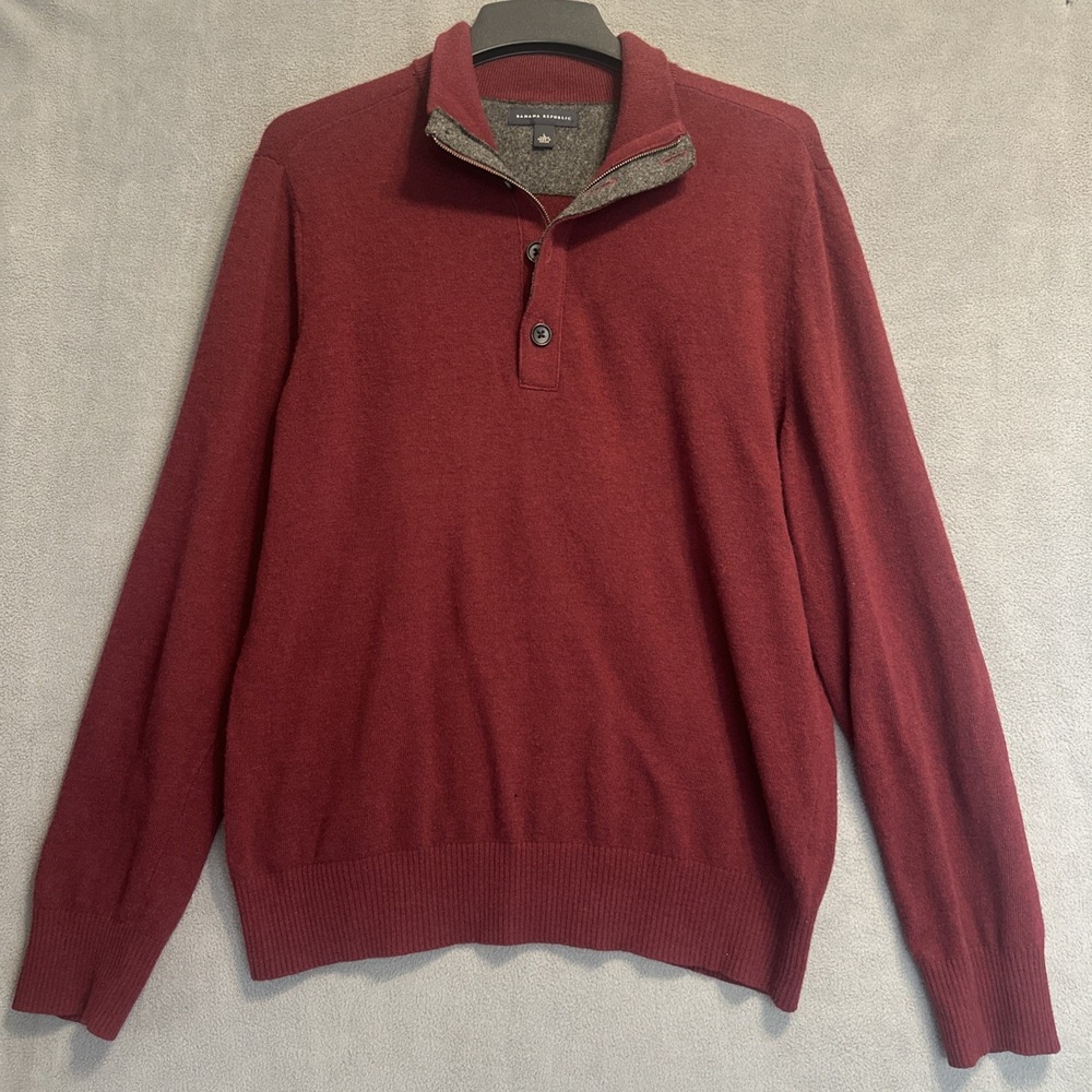 Banana Republic 100% Merino Wool 1/4 Zip Sweater Mens L Burgundy Preppy Minimal